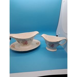 Vintage EDWIN KNOWLES Gravy boat with attached underplate "Blossom Time"